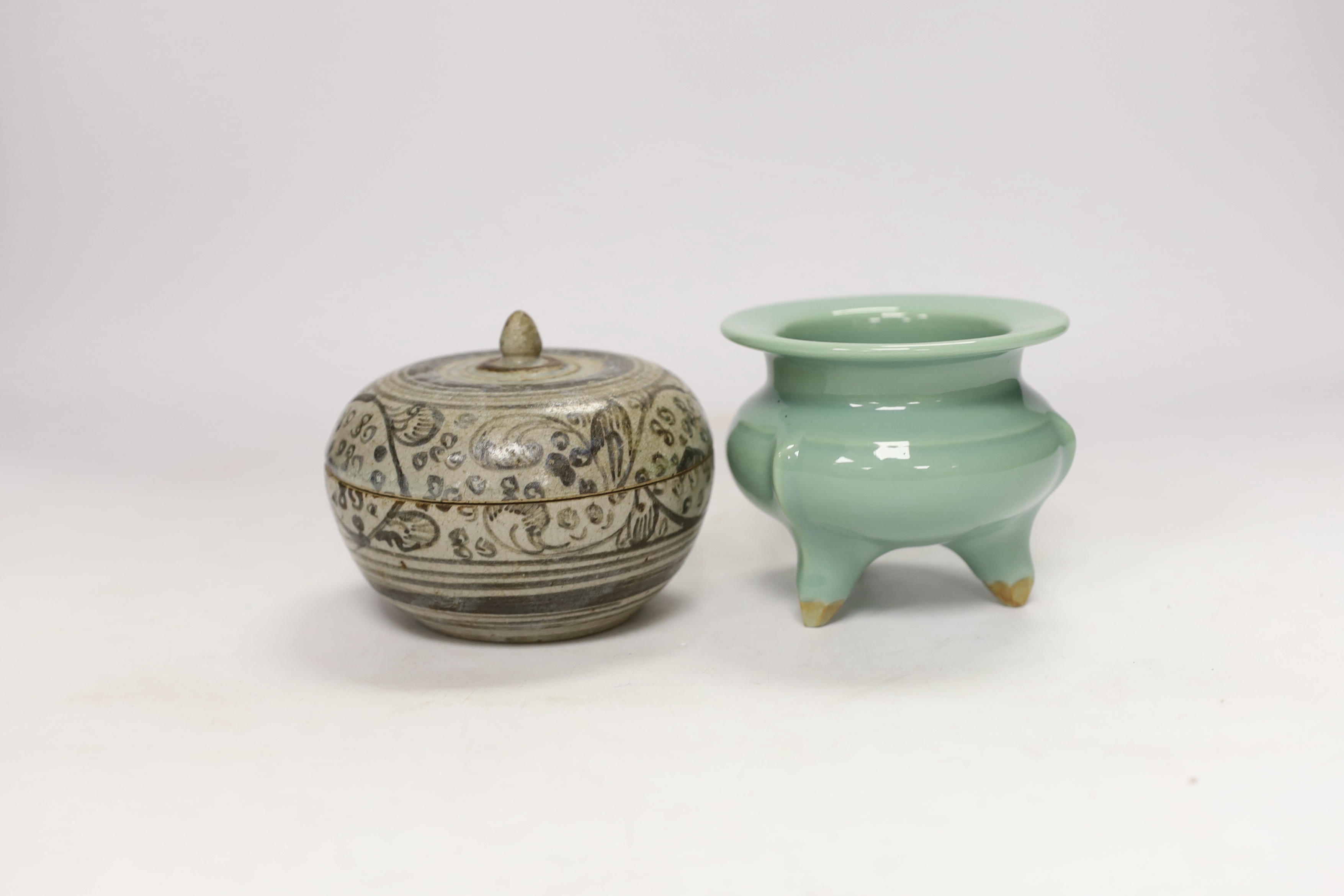 A Chinese celadon tripod censer and a Thai? Box and cover